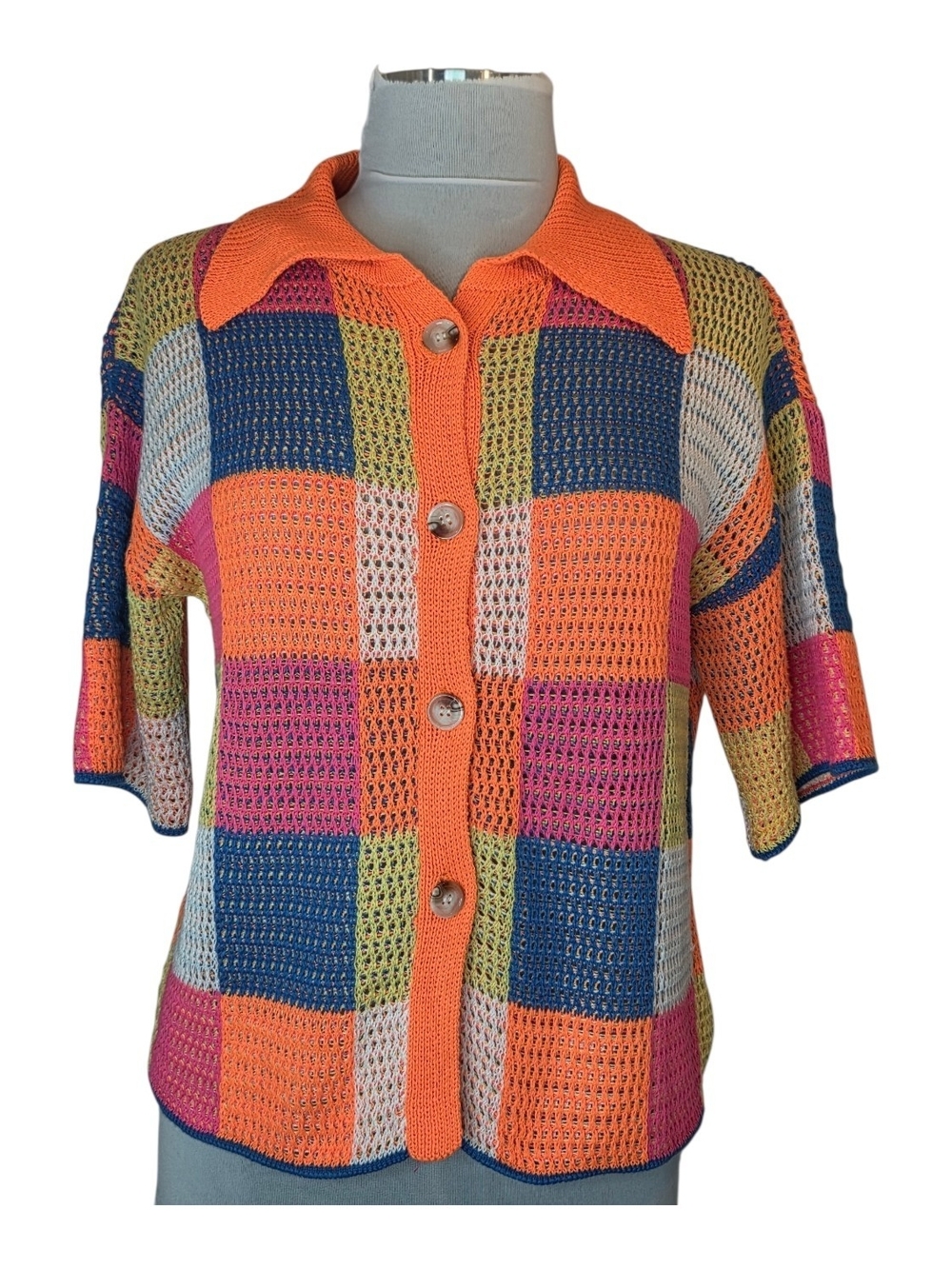 DAVI & DANI Colorblock Open-Knit Cardigan Blouse Women's Size Medium